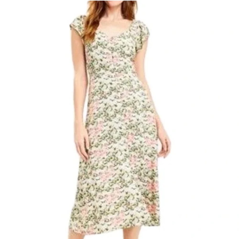 LOFT - Green and Pink Floral Flutter Sleeve V-Neck Dress